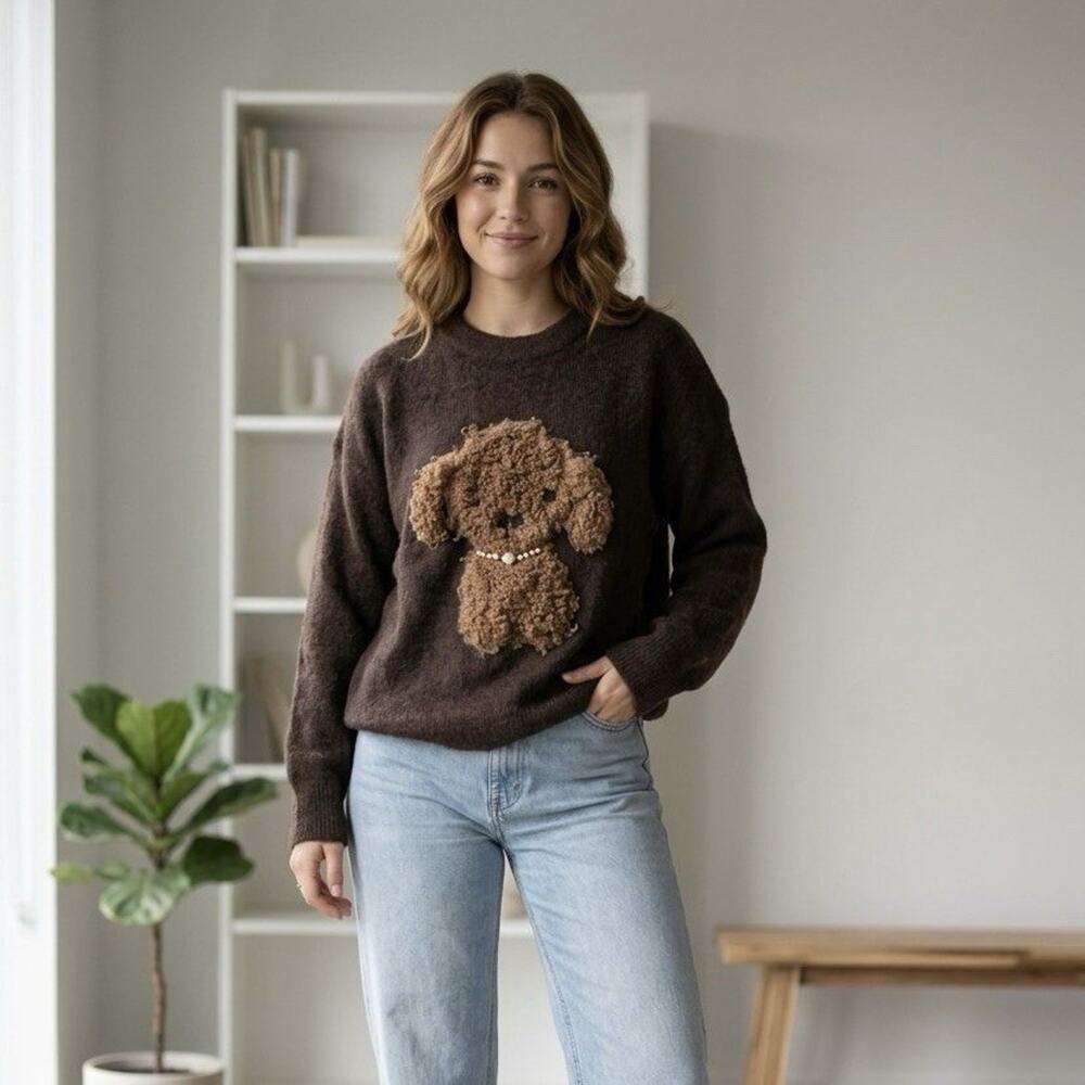 JOLEEN Crew neck Dog Icon Pullover Sweater Poodle Brown Sz M Preppy Cozy Teddy